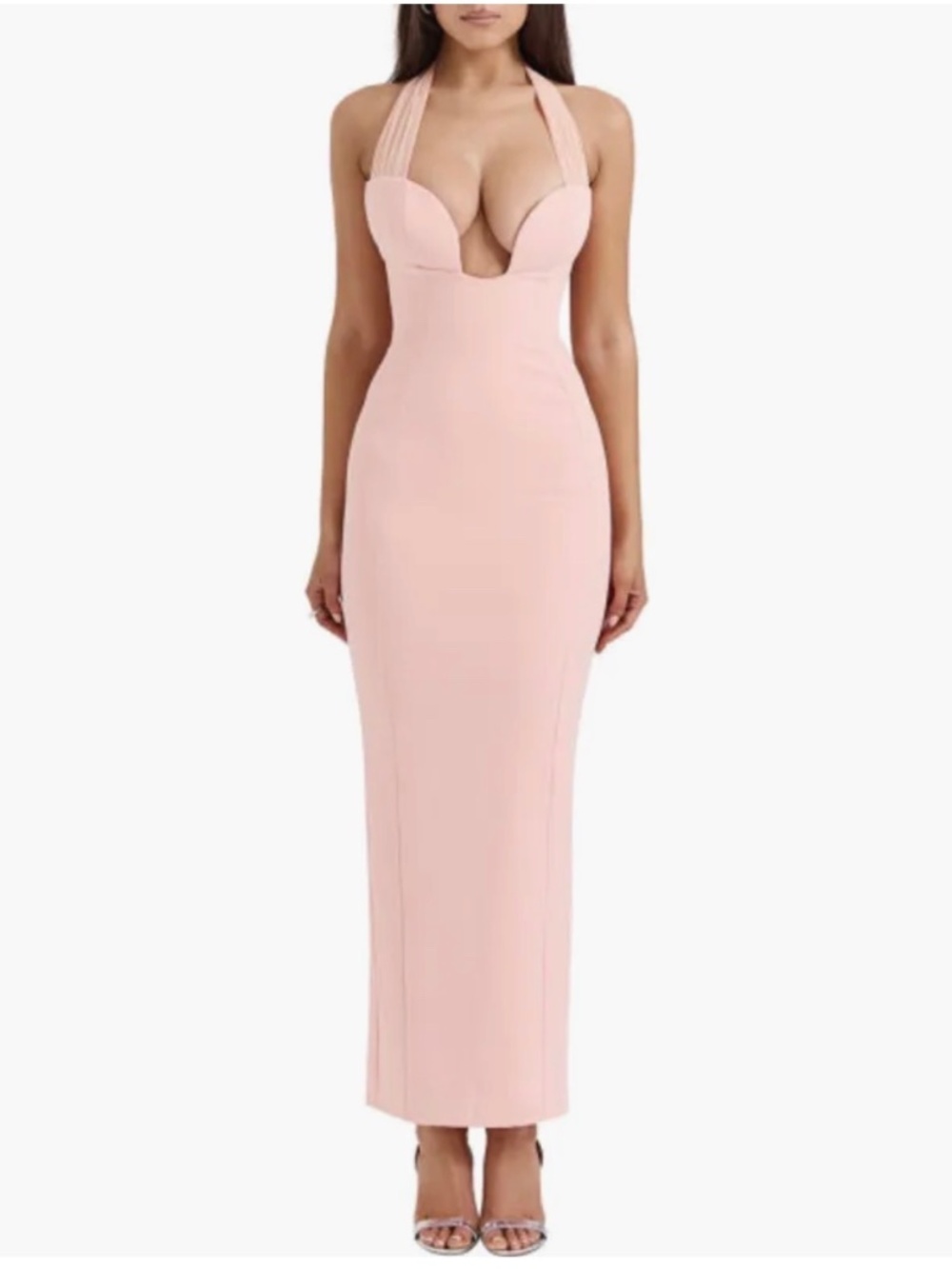 House of CB Peach Halter Plunge Maxi Dress